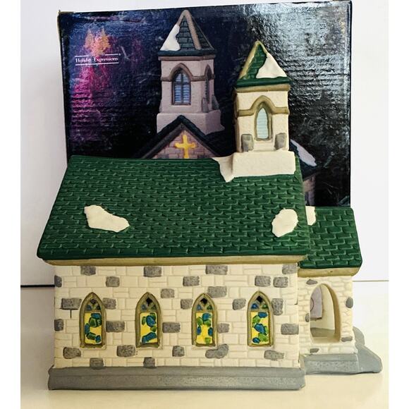Holiday Expressions - Vintage Christmas Lighted Village House Porcelain Church - Picture 5 of 7